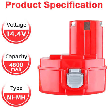 COOLSOUL For Makita 1420 1433 Battery 14.4V 4800mAh Ni-MH Red 2 Pack